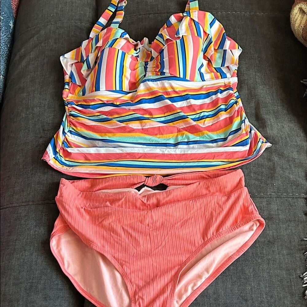 Time-and-tru Women's Orange and Blue Bikini-and-tankini-tops